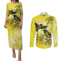 Bellbird New Zealand Couples Matching Puletasi and Long Sleeve Button Shirt Korimako Kowhai Maori Pattern LT14 Yellow - Polynesian Pride
