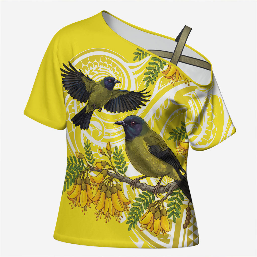 Bellbird New Zealand Cross Shoulder Shirt Korimako Kowhai Maori Pattern LT14 Female Yellow - Polynesian Pride