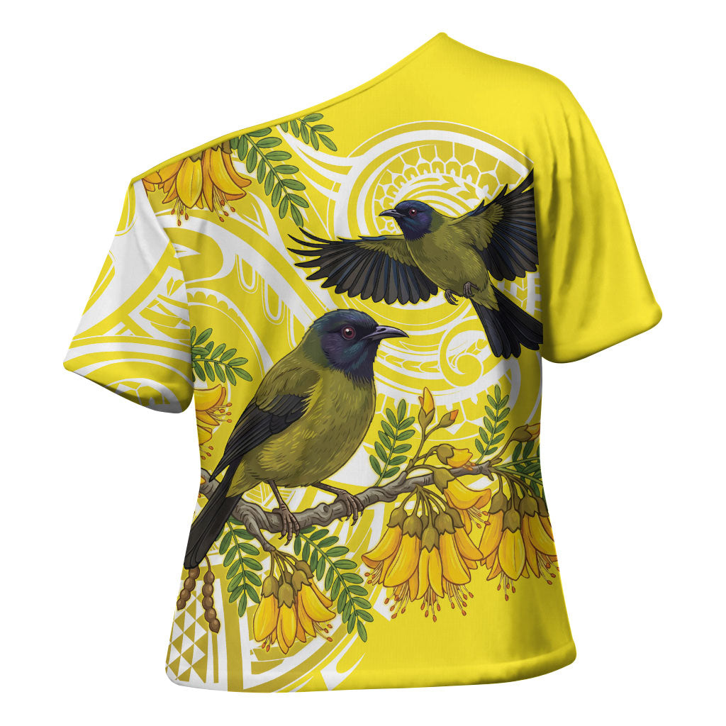 Bellbird New Zealand Cross Shoulder Shirt Korimako Kowhai Maori Pattern LT14 - Polynesian Pride
