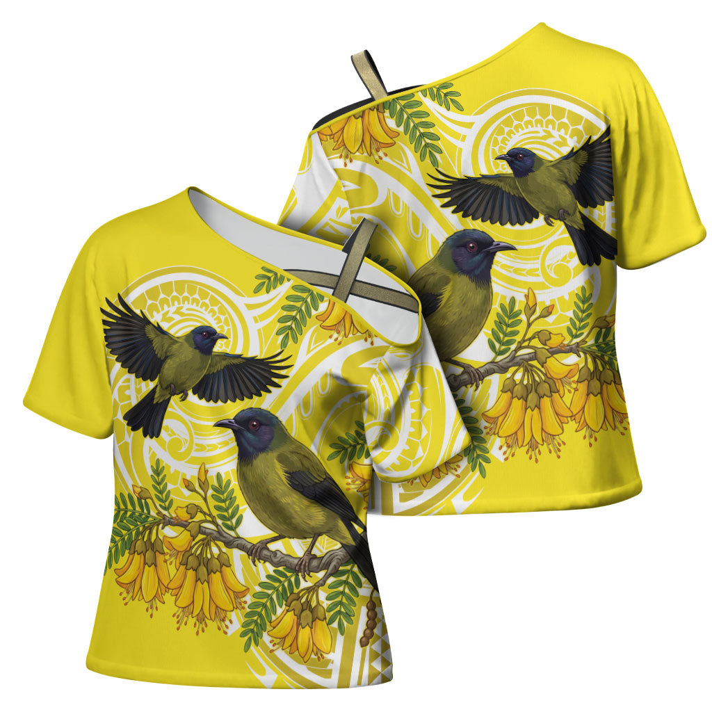 Bellbird New Zealand Cross Shoulder Shirt Korimako Kowhai Maori Pattern LT14 - Polynesian Pride