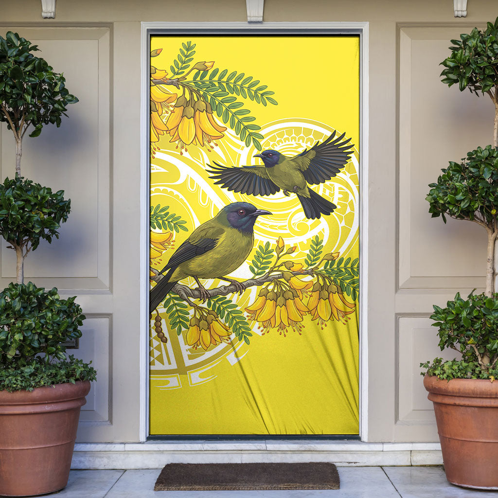 Bellbird New Zealand Door Cover Korimako Kowhai Maori Pattern LT14 Yellow - Polynesian Pride