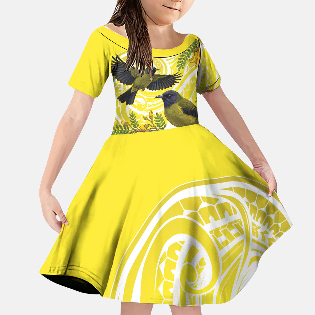 Bellbird New Zealand Family Matching Long Sleeve Bodycon Dress and Hawaiian Shirt Korimako Kowhai Maori Pattern