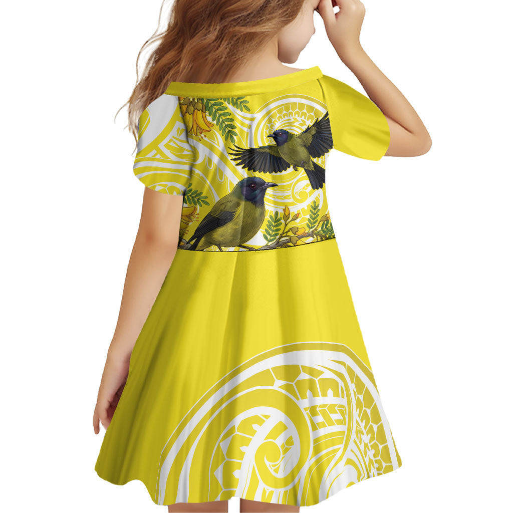 Bellbird New Zealand Family Matching Long Sleeve Bodycon Dress and Hawaiian Shirt Korimako Kowhai Maori Pattern