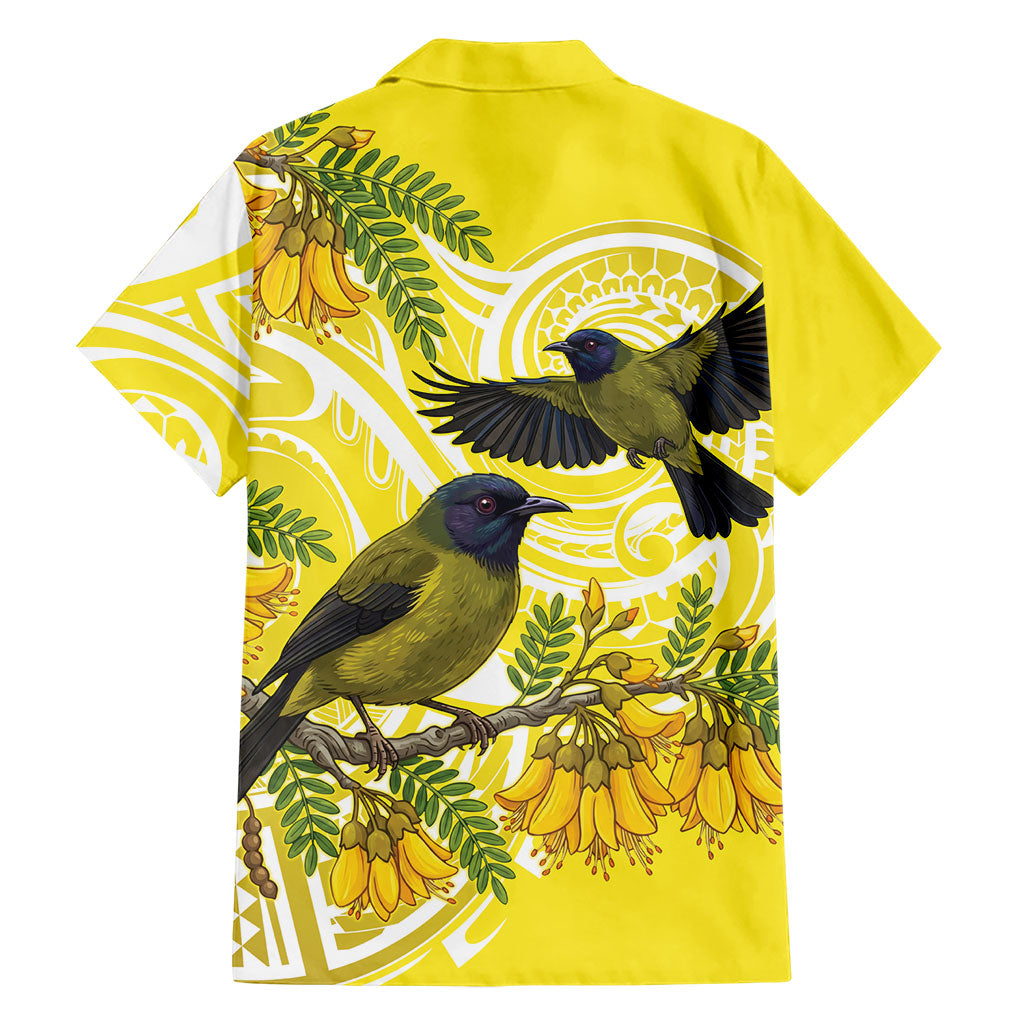 Bellbird New Zealand Family Matching Long Sleeve Bodycon Dress and Hawaiian Shirt Korimako Kowhai Maori Pattern