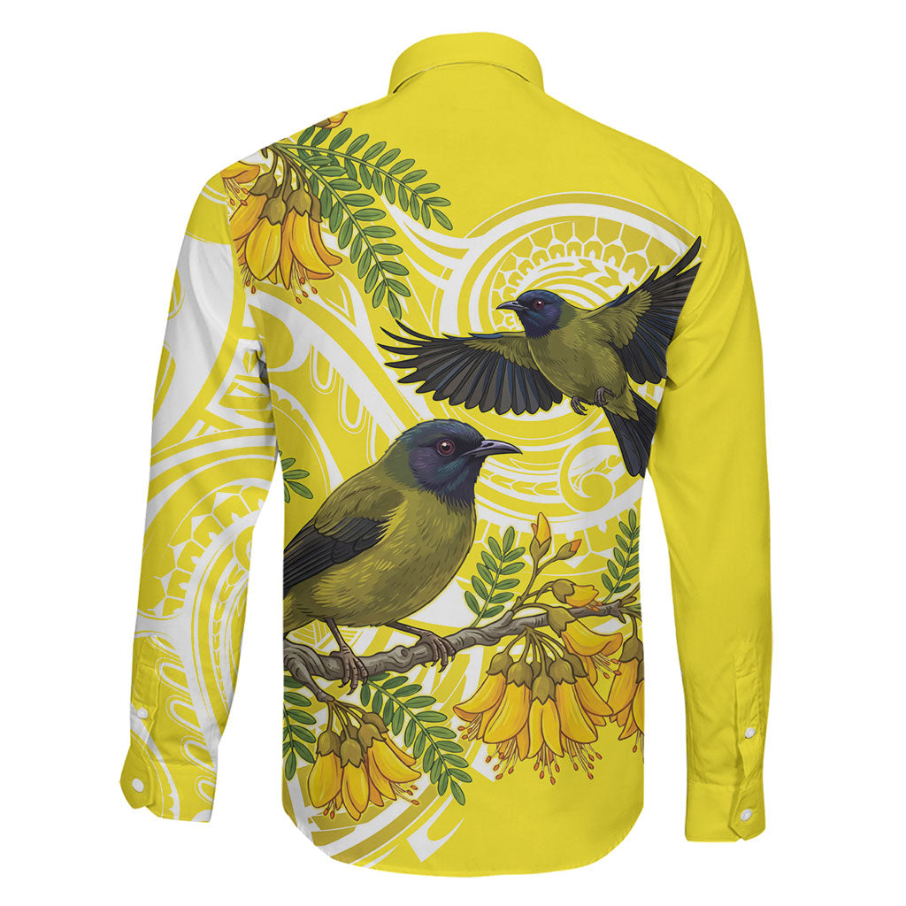 Bellbird New Zealand Family Matching Long Sleeve Bodycon Dress and Hawaiian Shirt Korimako Kowhai Maori Pattern