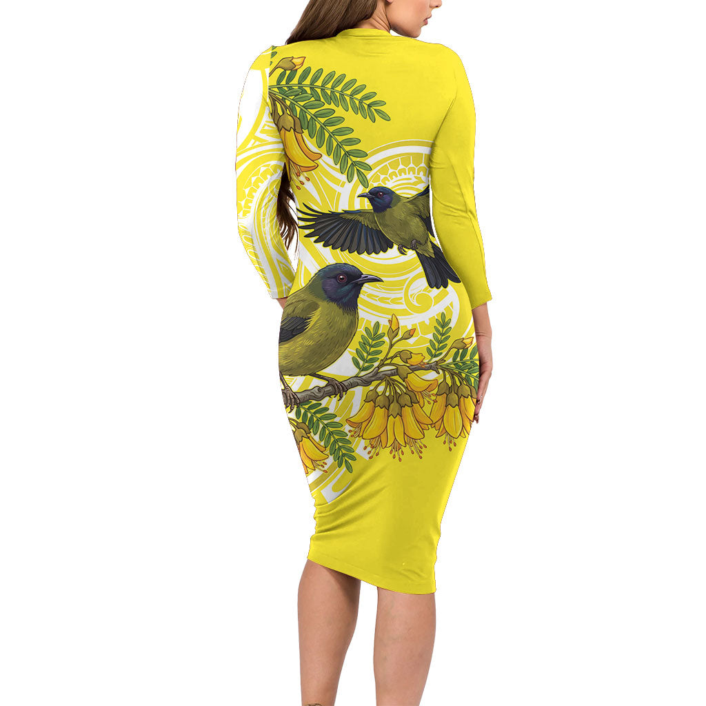 Bellbird New Zealand Family Matching Long Sleeve Bodycon Dress and Hawaiian Shirt Korimako Kowhai Maori Pattern