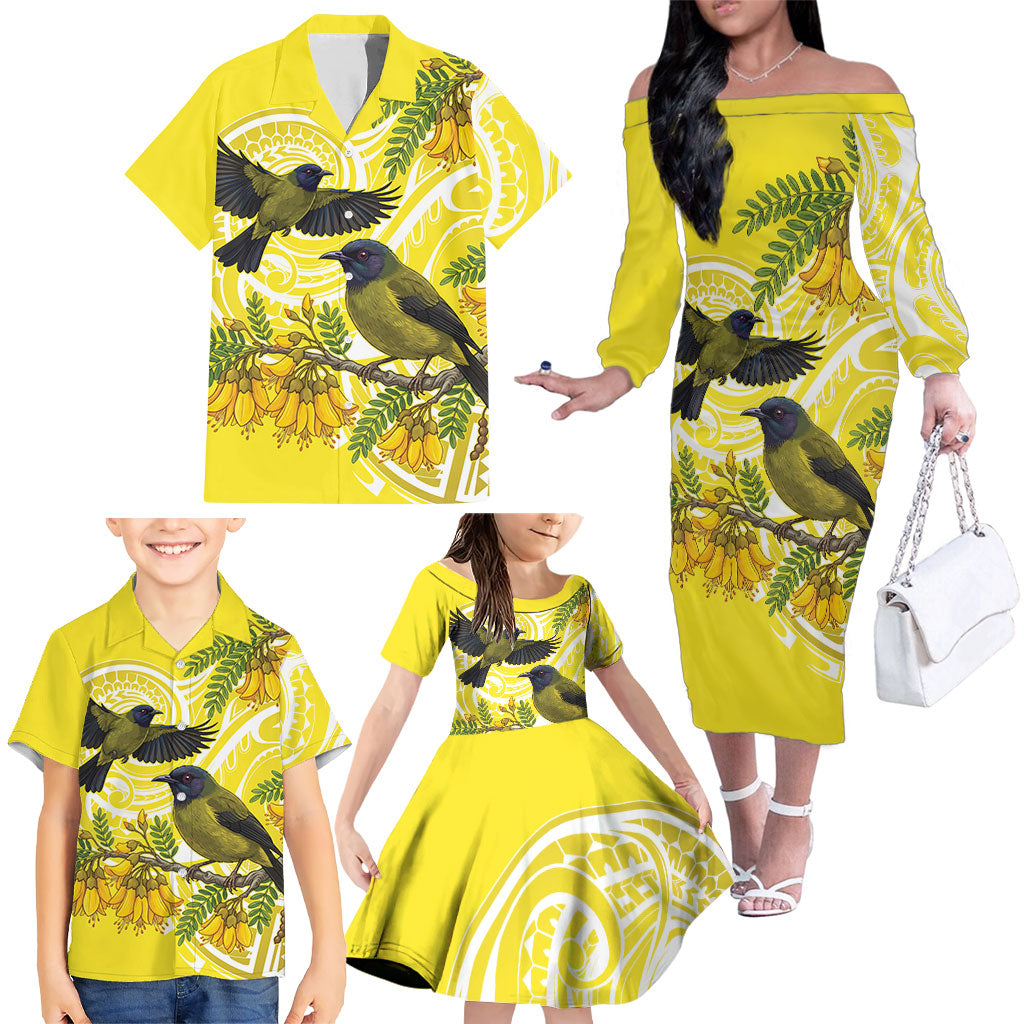 Bellbird New Zealand Family Matching Off The Shoulder Long Sleeve Dress and Hawaiian Shirt Korimako Kowhai Maori Pattern LT14 - Polynesian Pride