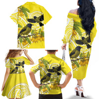 Bellbird New Zealand Family Matching Off The Shoulder Long Sleeve Dress and Hawaiian Shirt Korimako Kowhai Maori Pattern