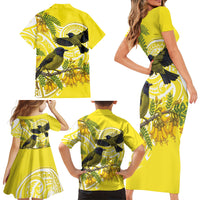 Bellbird New Zealand Family Matching Short Sleeve Bodycon Dress and Hawaiian Shirt Korimako Kowhai Maori Pattern