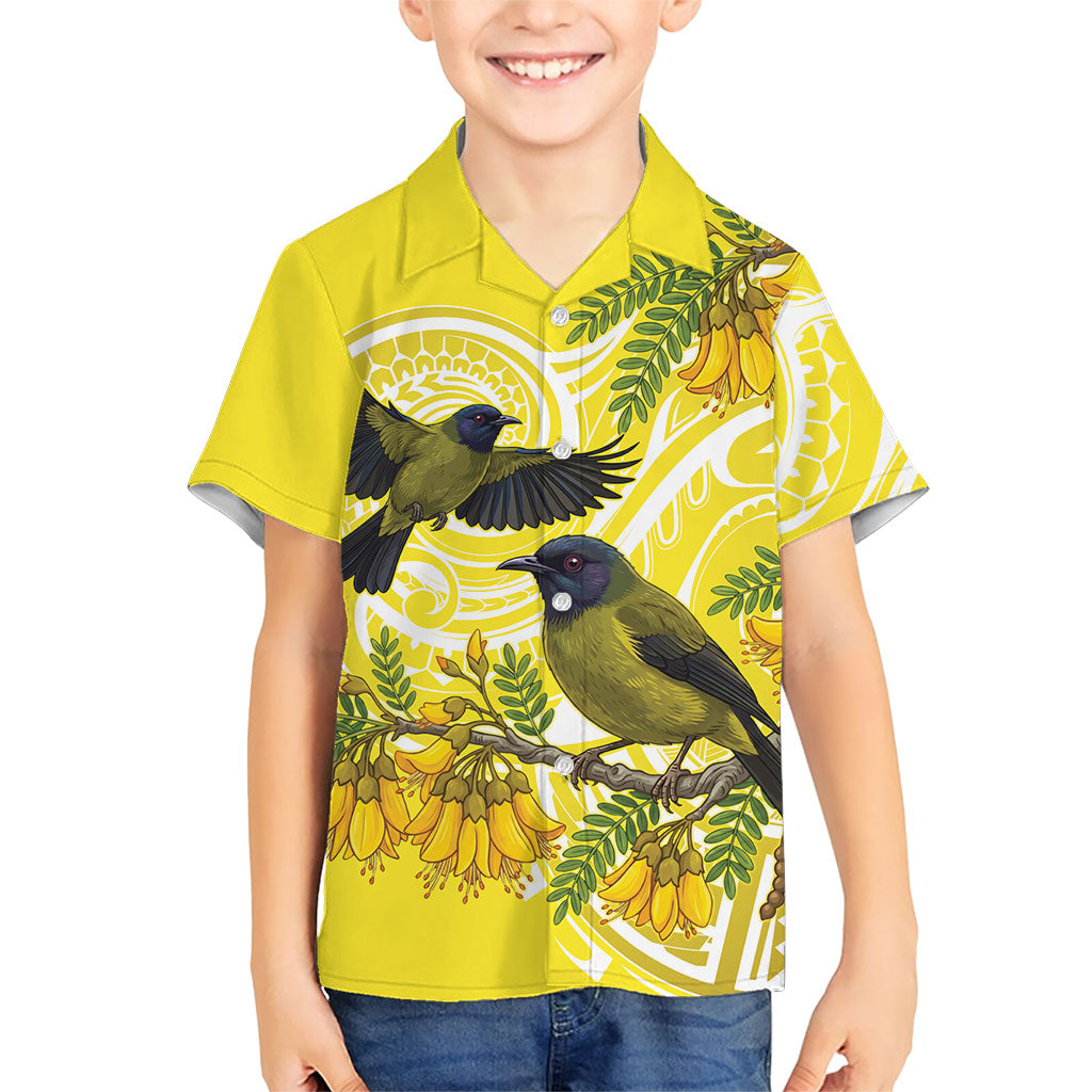 Bellbird New Zealand Family Matching Tank Maxi Dress and Hawaiian Shirt Korimako Kowhai Maori Pattern