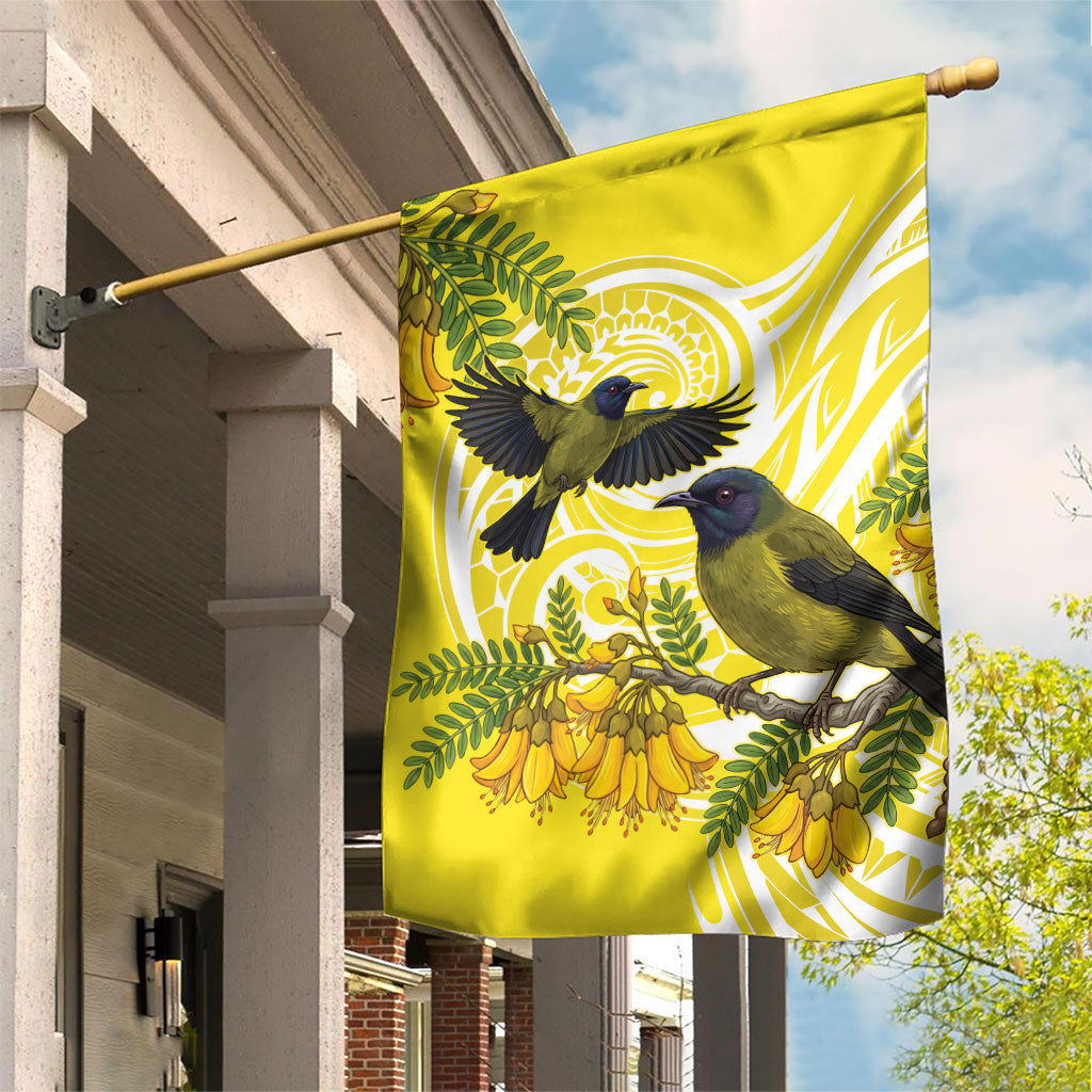Bellbird New Zealand Garden Flag Korimako Kowhai Maori Pattern LT14 House Flag Yellow - Polynesian Pride
