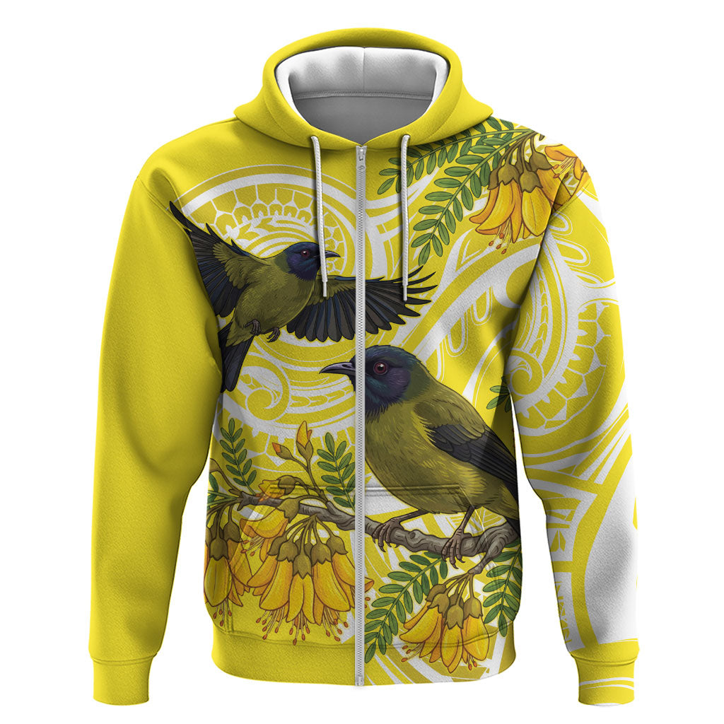 Bellbird New Zealand Hoodie Korimako Kowhai Maori Pattern LT14 Zip Hoodie Yellow - Polynesian Pride