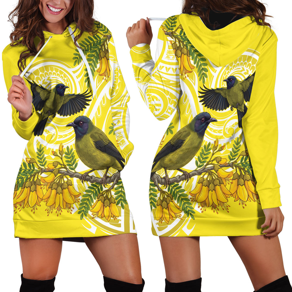 Bellbird New Zealand Hoodie Dress Korimako Kowhai Maori Pattern LT14 - Polynesian Pride