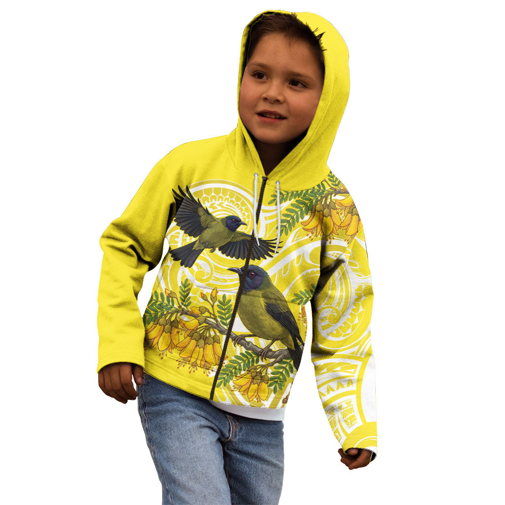 Bellbird New Zealand Kid Hoodie Korimako Kowhai Maori Pattern LT14 - Polynesian Pride