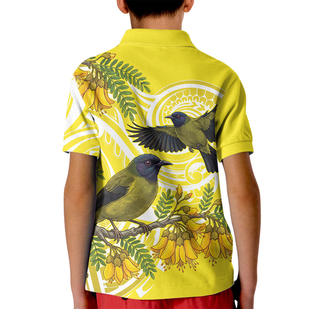 Bellbird New Zealand Kid Polo Shirt Korimako Kowhai Maori Pattern LT14 - Polynesian Pride