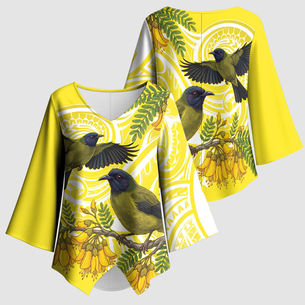 Bellbird New Zealand Kimono Sleeve Blouse Korimako Kowhai Maori Pattern LT14 - Polynesian Pride