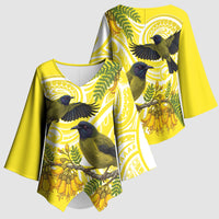 Bellbird New Zealand Kimono Sleeve Blouse Korimako Kowhai Maori Pattern LT14 - Polynesian Pride