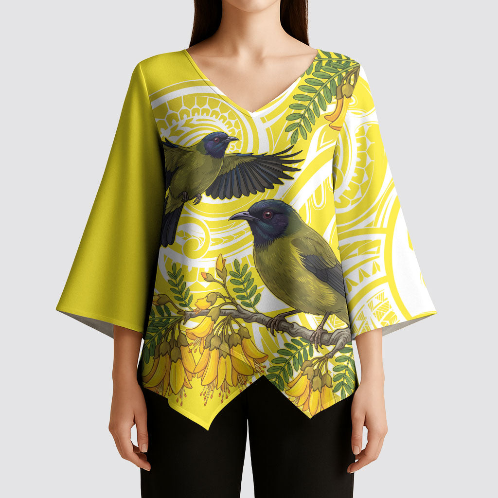 Bellbird New Zealand Kimono Sleeve Blouse Korimako Kowhai Maori Pattern LT14 - Polynesian Pride