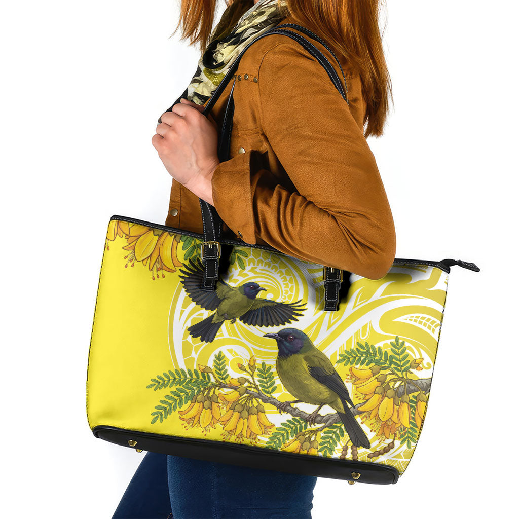 Bellbird New Zealand Leather Tote Bag Korimako Kowhai Maori Pattern LT14 Yellow - Polynesian Pride