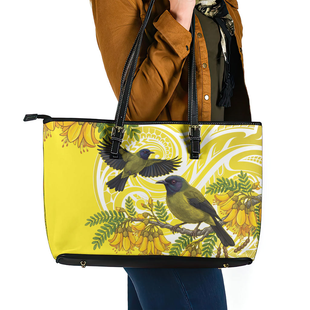 Bellbird New Zealand Leather Tote Bag Korimako Kowhai Maori Pattern LT14 - Polynesian Pride