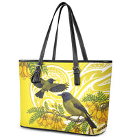 Bellbird New Zealand Leather Tote Bag Korimako Kowhai Maori Pattern LT14 - Polynesian Pride