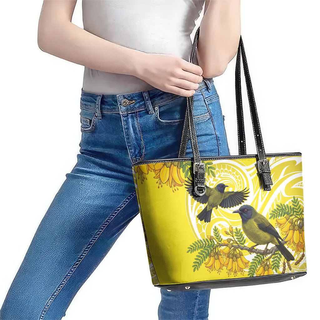 Bellbird New Zealand Leather Tote Bag Korimako Kowhai Maori Pattern LT14 - Polynesian Pride