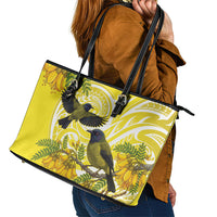 Bellbird New Zealand Leather Tote Bag Korimako Kowhai Maori Pattern LT14 - Polynesian Pride