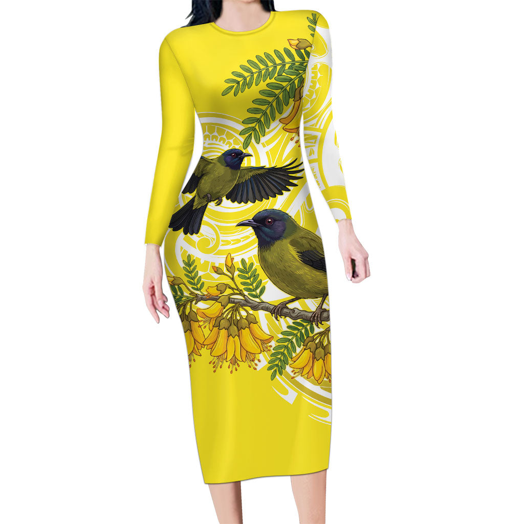 Bellbird New Zealand Long Sleeve Bodycon Dress Korimako Kowhai Maori Pattern LT14 Long Dress Yellow - Polynesian Pride