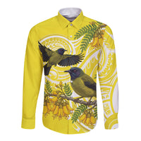 Bellbird New Zealand Long Sleeve Button Shirt Korimako Kowhai Maori Pattern
