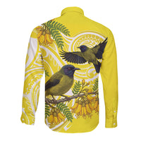 Bellbird New Zealand Long Sleeve Button Shirt Korimako Kowhai Maori Pattern