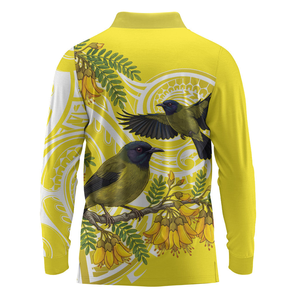 Bellbird New Zealand Long Sleeve Polo Shirt Korimako Kowhai Maori Pattern LT14 - Polynesian Pride