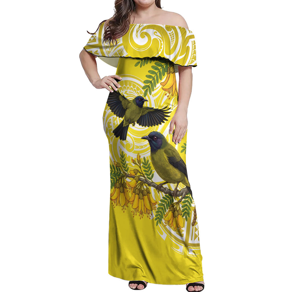 Bellbird New Zealand Off Shoulder Maxi Dress Korimako Kowhai Maori Pattern LT14 Women Yellow - Polynesian Pride
