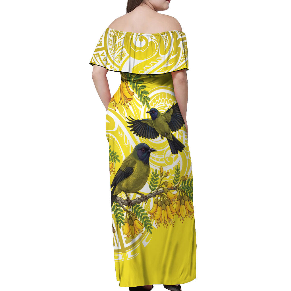 Bellbird New Zealand Off Shoulder Maxi Dress Korimako Kowhai Maori Pattern LT14 - Polynesian Pride