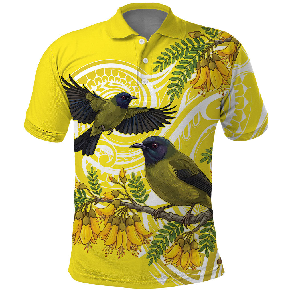 Bellbird New Zealand Polo Shirt Korimako Kowhai Maori Pattern