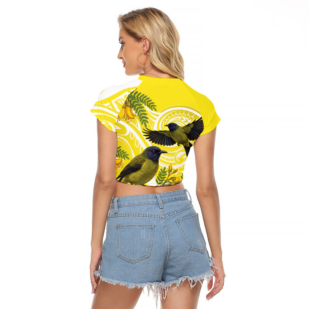 Bellbird New Zealand Raglan Cropped T Shirt Korimako Kowhai Maori Pattern LT14 - Polynesian Pride