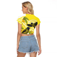 Bellbird New Zealand Raglan Cropped T Shirt Korimako Kowhai Maori Pattern LT14 - Polynesian Pride
