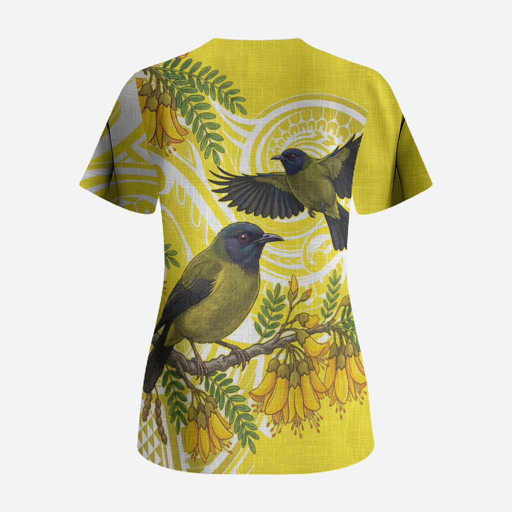 Bellbird New Zealand Scrub Top Korimako Kowhai Maori Pattern LT14 - Polynesian Pride