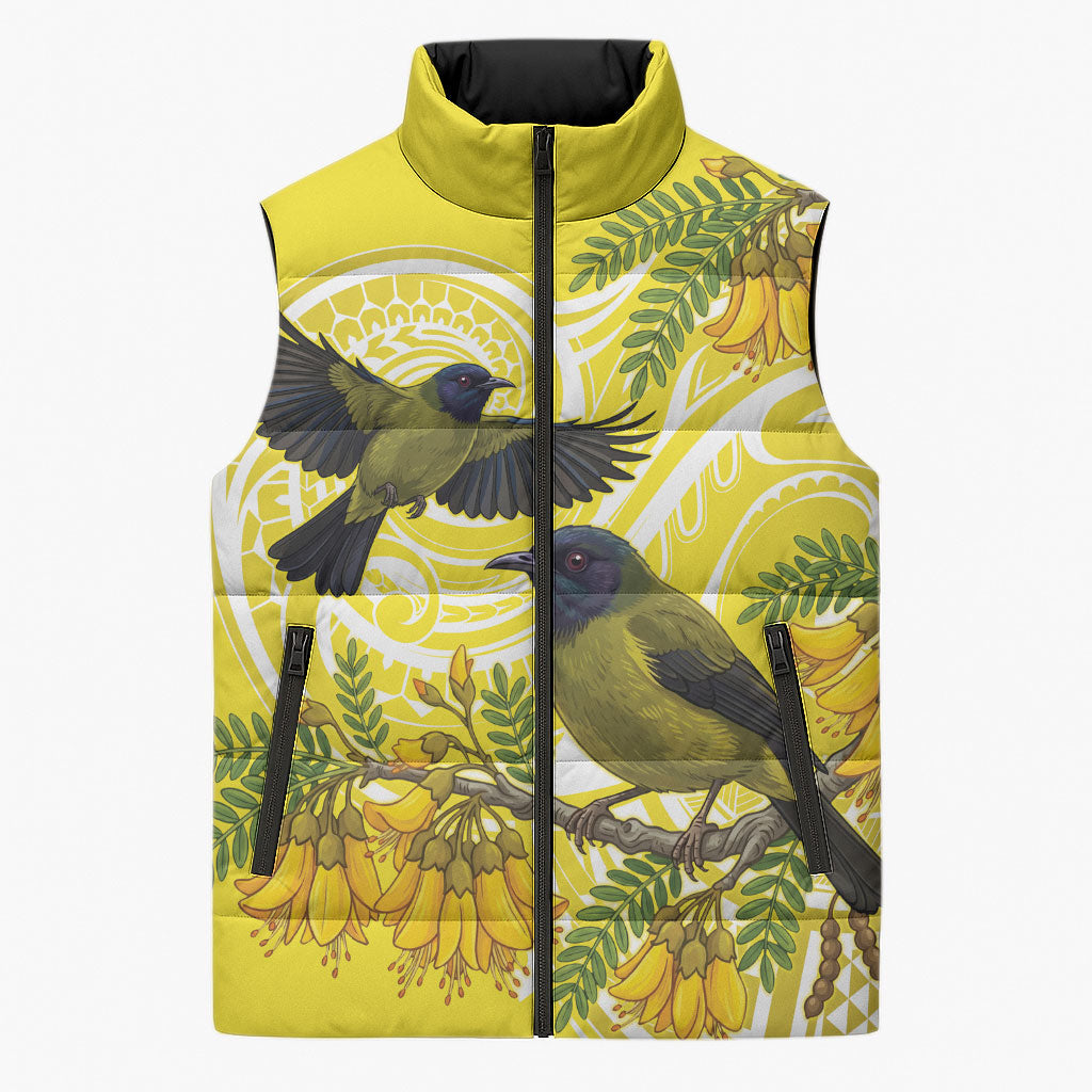 Bellbird New Zealand Sleeveless Puffer Jacket Korimako Kowhai Maori Pattern LT14 Unisex Yellow - Polynesian Pride