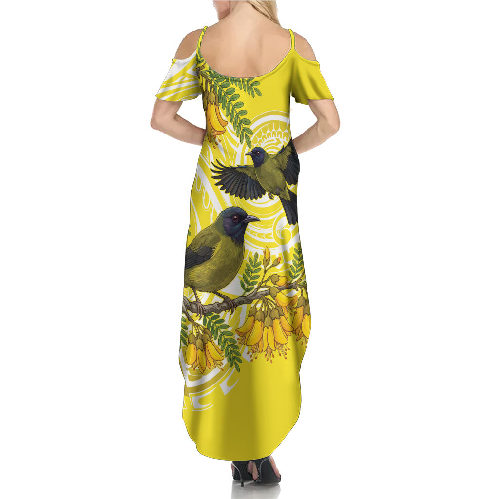 Bellbird New Zealand Summer Maxi Dress Korimako Kowhai Maori Pattern LT14 - Polynesian Pride