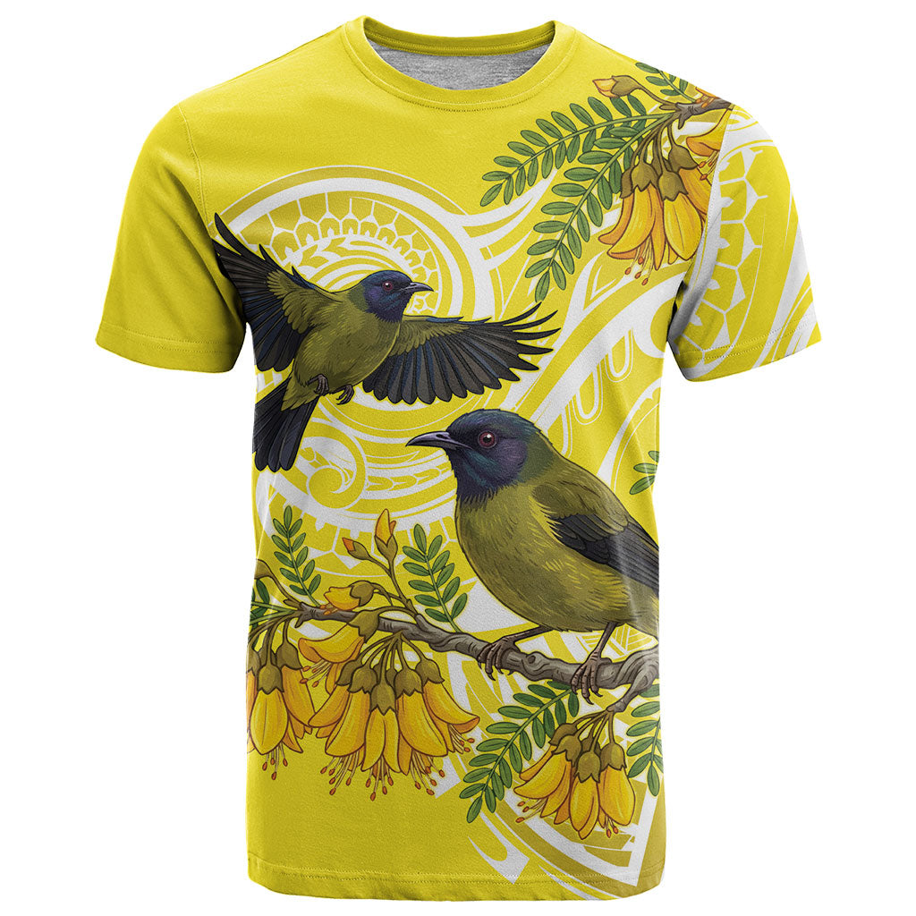 Bellbird New Zealand T Shirt Korimako Kowhai Maori Pattern LT14 Yellow - Polynesian Pride