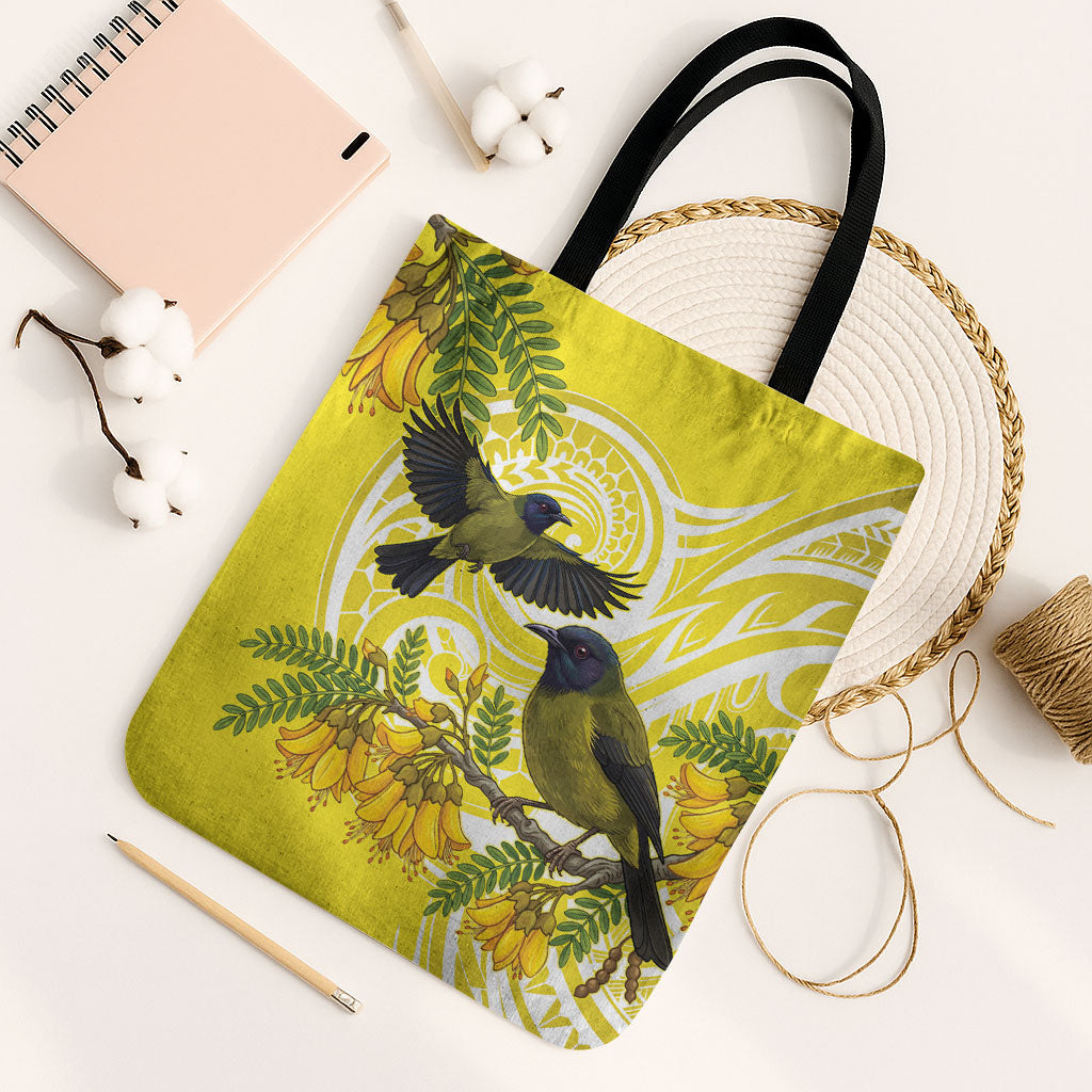 Bellbird New Zealand Tote Bag Korimako Kowhai Maori Pattern LT14 Black Strap One Size Yellow - Polynesian Pride