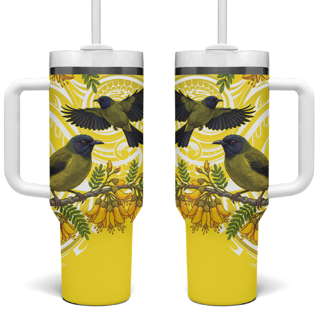 Bellbird New Zealand Tumbler With Handle Korimako Kowhai Maori Pattern LT14 One Size: 40 oz Yellow - Polynesian Pride