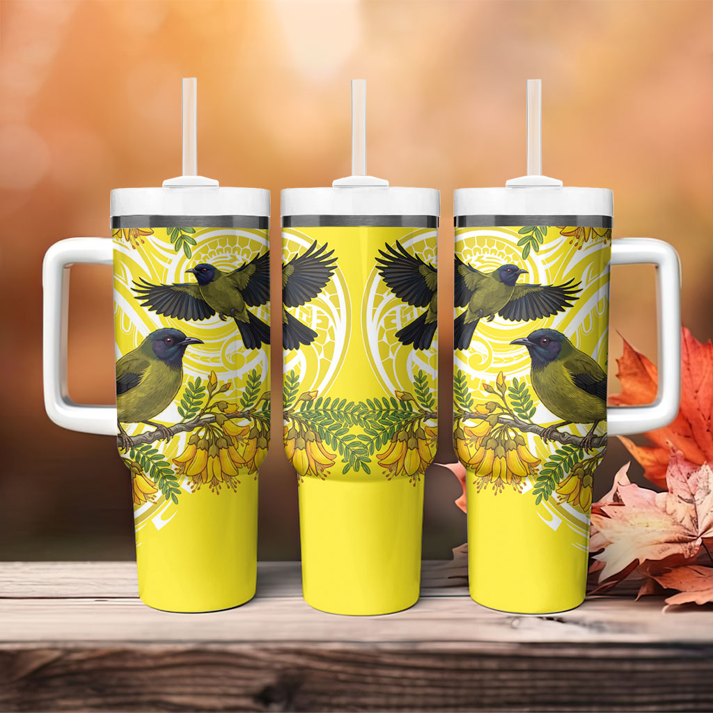 Bellbird New Zealand Tumbler With Handle Korimako Kowhai Maori Pattern LT14 - Polynesian Pride