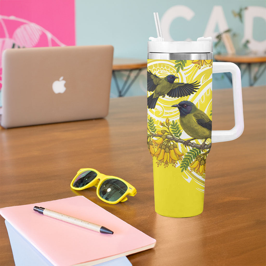 Bellbird New Zealand Tumbler With Handle Korimako Kowhai Maori Pattern LT14 - Polynesian Pride