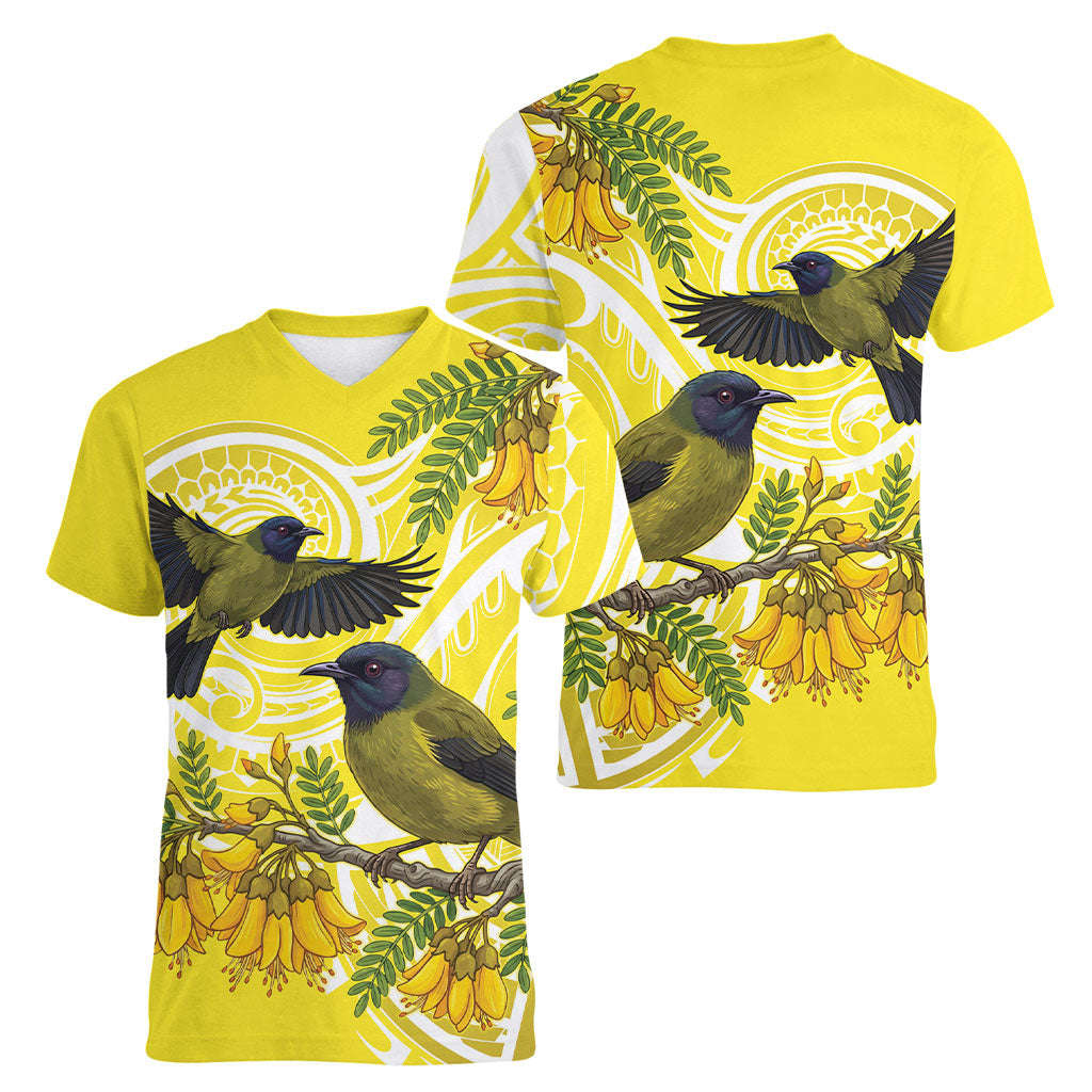 Bellbird New Zealand Women V-Neck T-Shirt Korimako Kowhai Maori Pattern