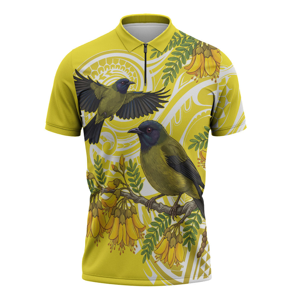 Bellbird New Zealand Zipper Polo Shirt Korimako Kowhai Maori Pattern LT14 Yellow - Polynesian Pride