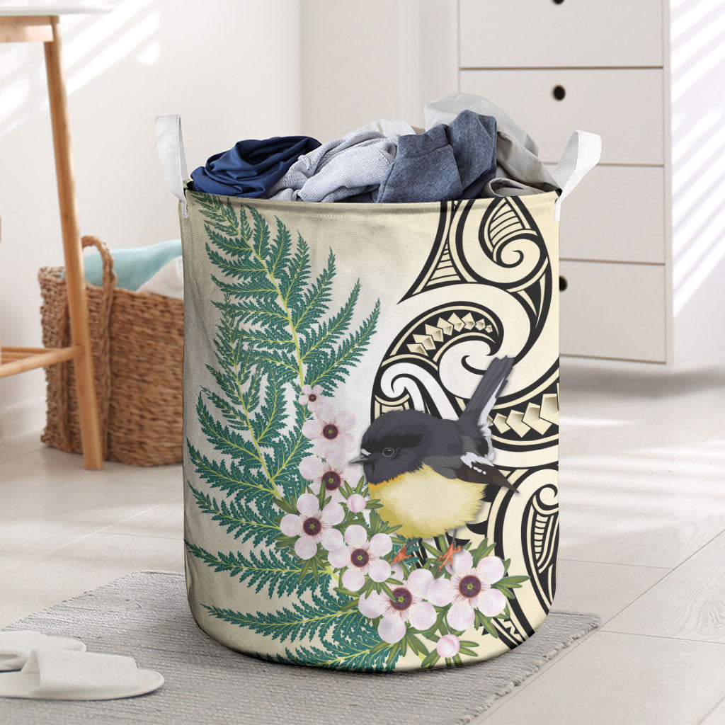 Endemic Tomtit New Zealand Laundry Basket Miromiro Manuka Silver Fern Maori Pattern LT14 Cream - Polynesian Pride