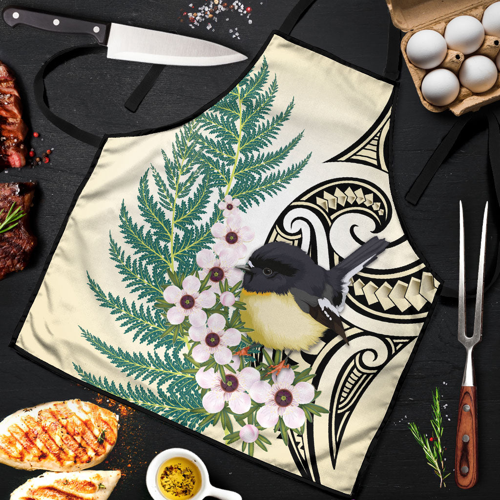 Endemic Tomtit New Zealand Apron Miromiro Manuka Silver Fern Maori Pattern LT14 Cream - Polynesian Pride