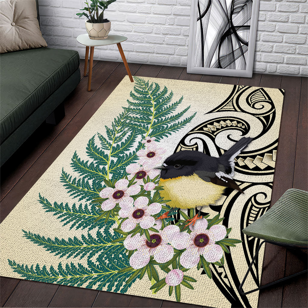 Endemic Tomtit New Zealand Area Rug Miromiro Manuka Silver Fern Maori Pattern LT14 Cream - Polynesian Pride