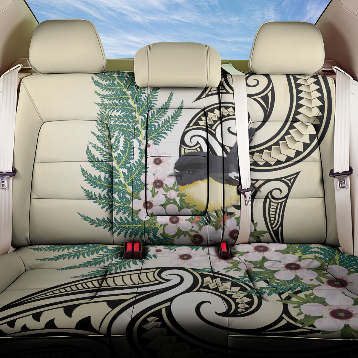 Endemic Tomtit New Zealand Back Car Seat Cover Miromiro Manuka Silver Fern Maori Pattern LT14 One Size Cream - Polynesian Pride